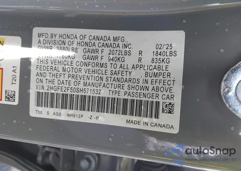 2025 Honda Civic Sport from USA, damaged, VIN 2HGFE2F50SH571532